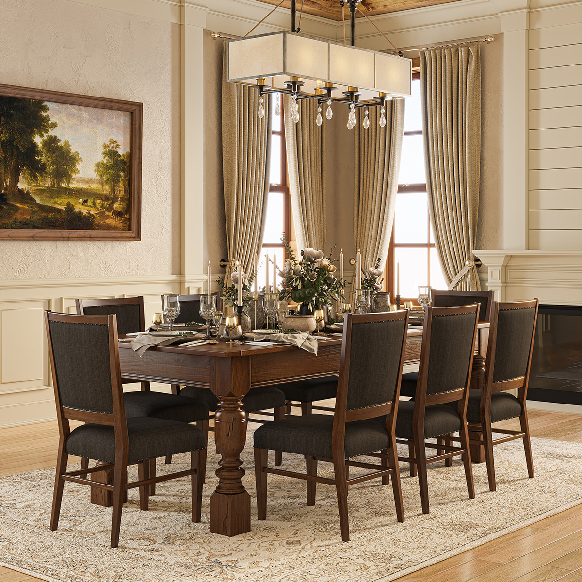 Adelanto Rustic Dark Teak Wood Dining Table Set For 8