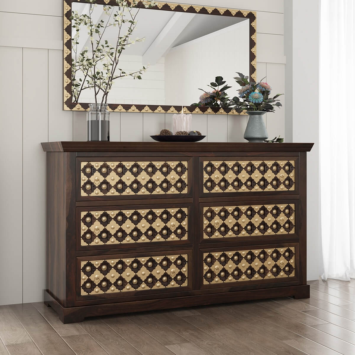 La Junta Diamond Empire Solid Wood Brass Inlay 6 Drawer Double Dresser