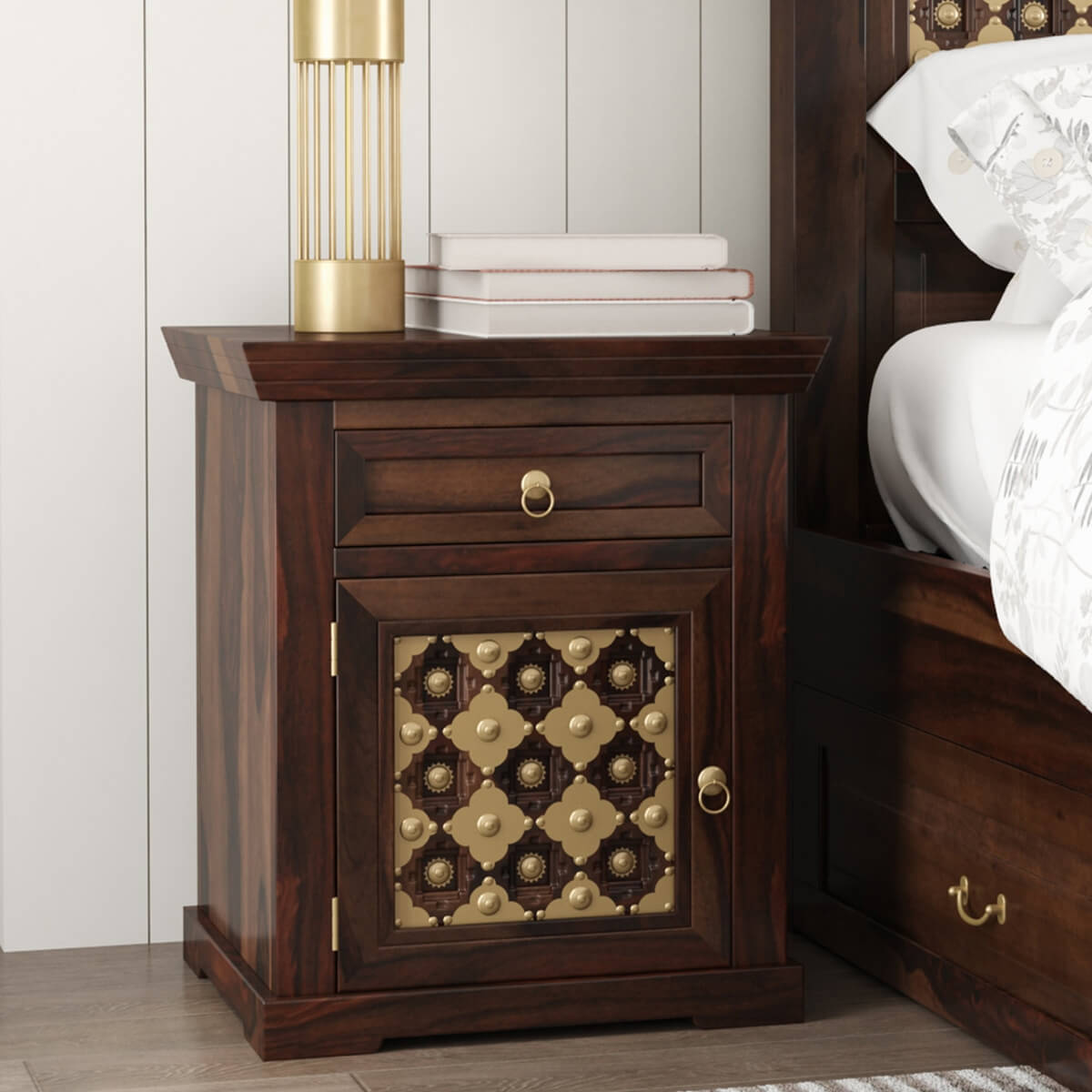 La Junta Diamond Empire Solid Wood Brass Inlay 1 Drawer Nightstand
