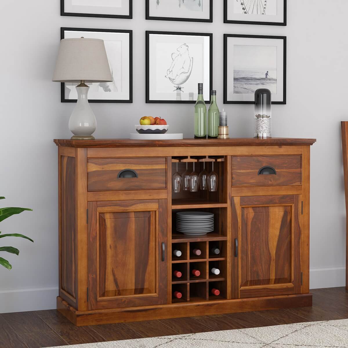 Rustic Solid Wood Large Sideboard With Wine Bar Storage