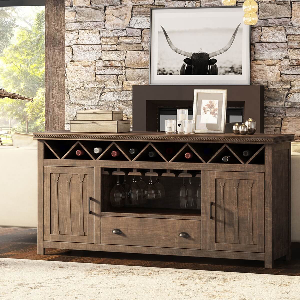 Atherton Solid Teak Wood Buffet With Wine Storage