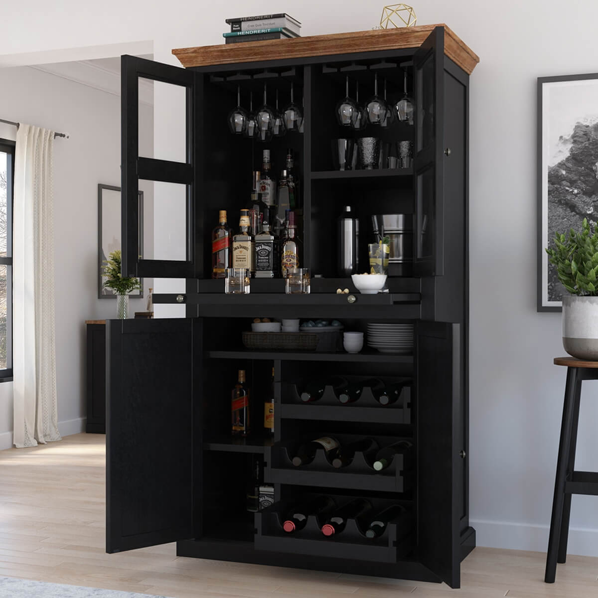 Rovigo Solid Teak Wood Tall Two-Tone Bar Cabinet with Double Doors