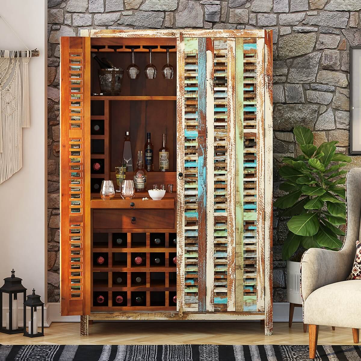 Fribourg Reclaimed Wood Tall Armoire Bar Cabinet