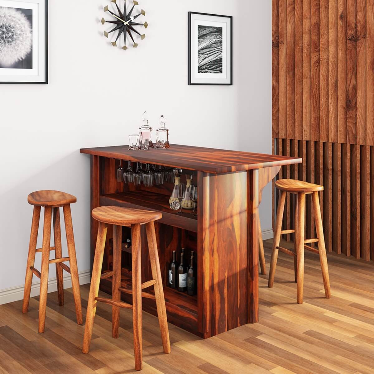 Lugano Solid Wood 5 Piece Bar Table Set With Storage