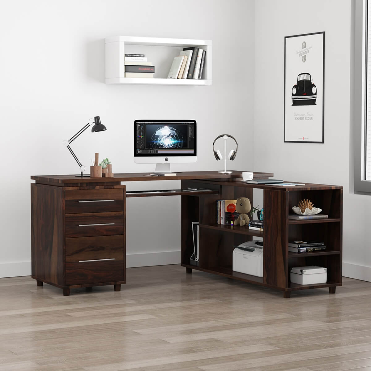 Alaska Solid Wood Corner L-Shape Computer Desk with File Cabinet