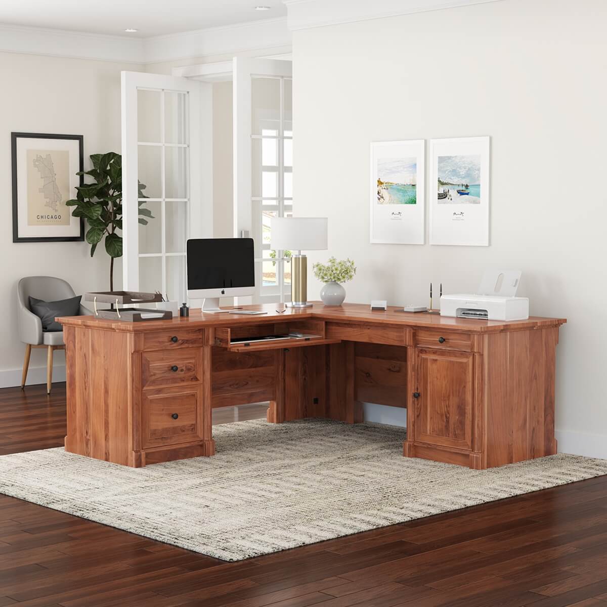 Ojai L-Shaped Solid Wood Executive Desk w Keyboard Tray & File Cabinet