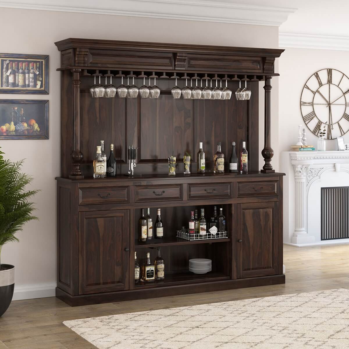Nahant Rustic Solid Wood 4 Drawer Dining Room Bar Buffet with Hutch