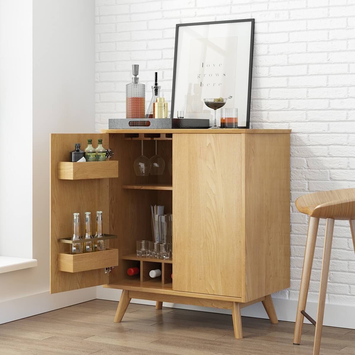 Gamyn Midcentury Modern Solid Wood Bar Cabinet