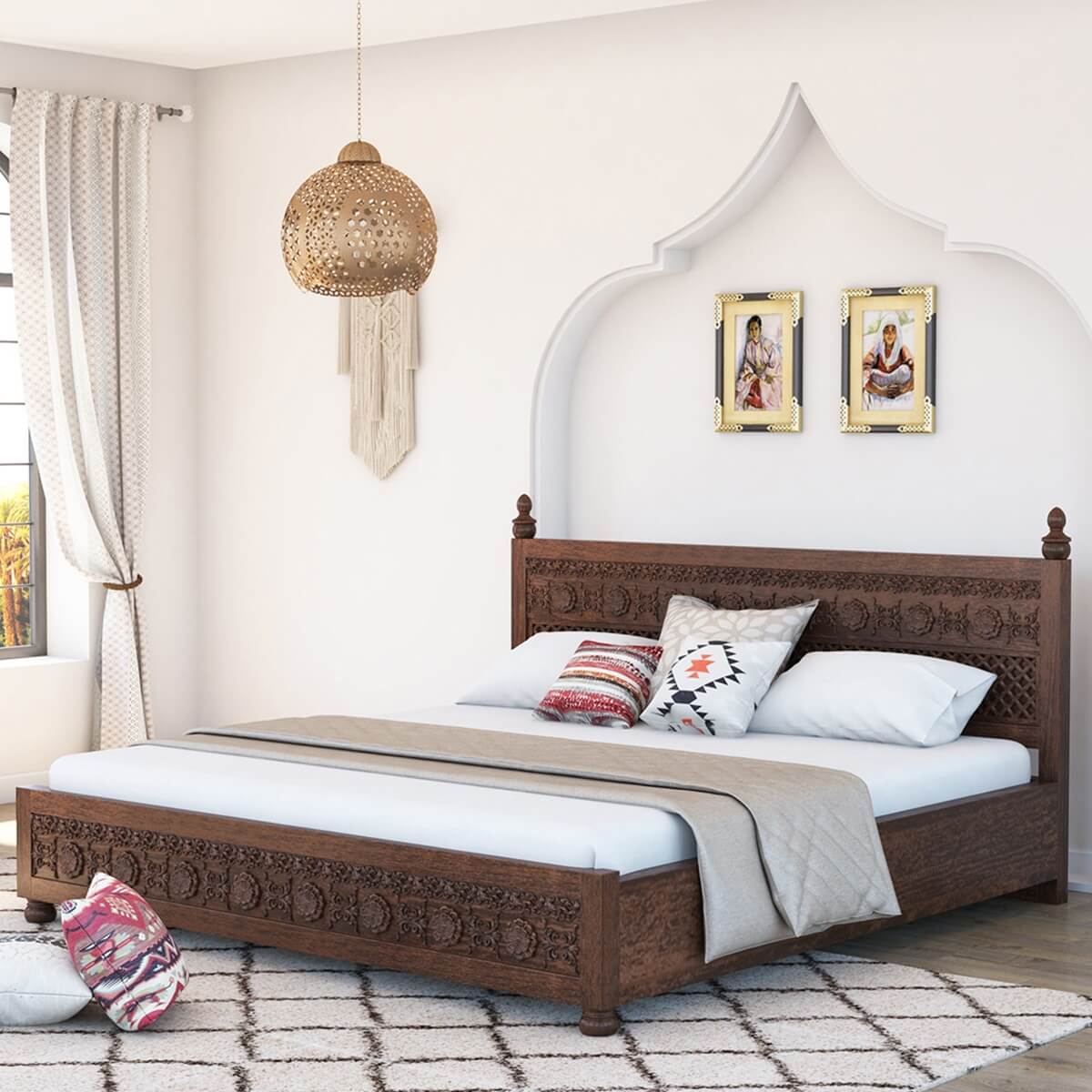Newari Rustic Solid Wood Traditional Hand-Carved Platform Bed