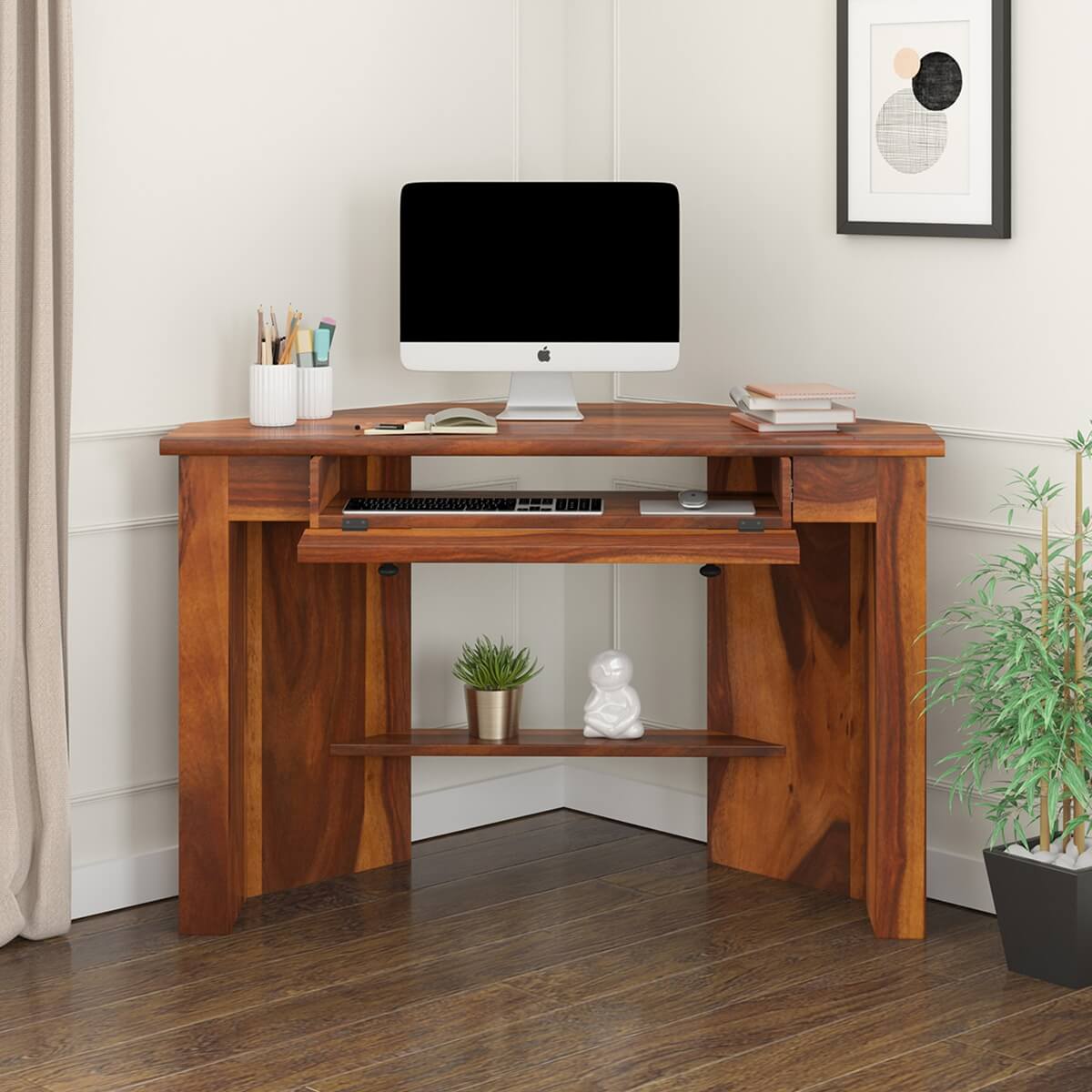 Lathrop Solid Wood Contemporary Corner Computer Desk w Keyboard Tray