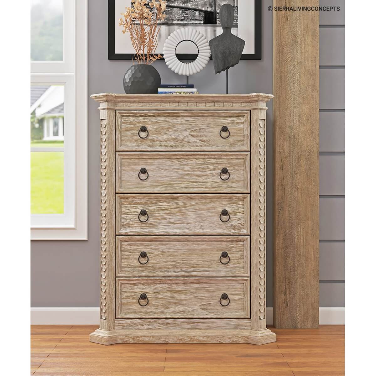 Nebula Hand Carved Solid Wood Tall Dresser With 5 Drawers