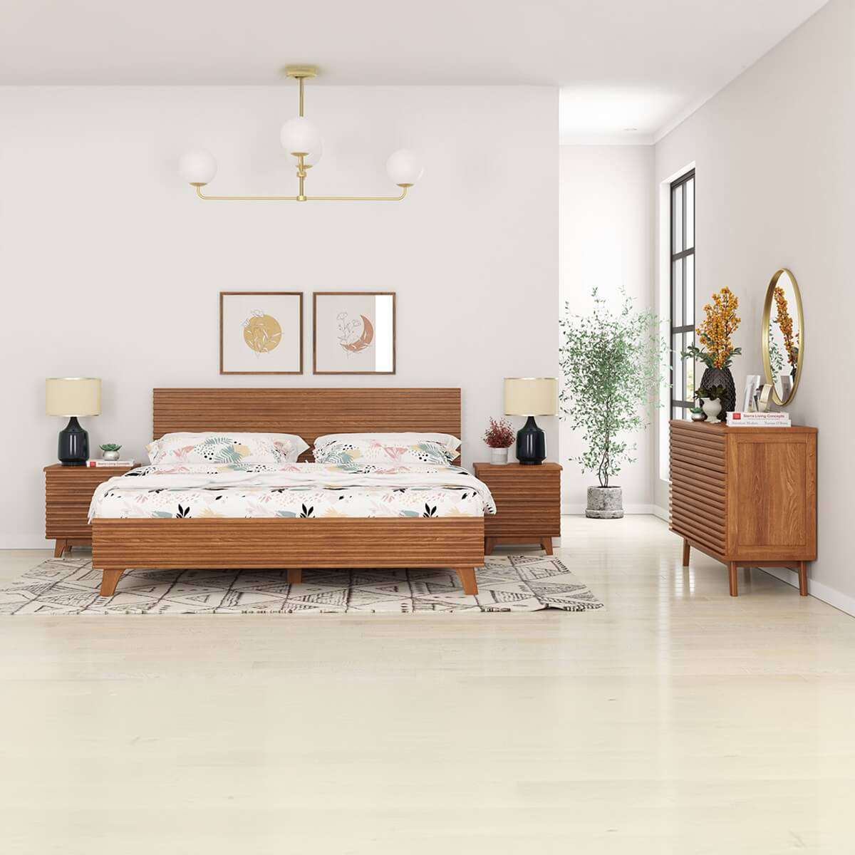 Hackney Mid-Century Modern Teak Wood 4 Piece Bedroom Collection