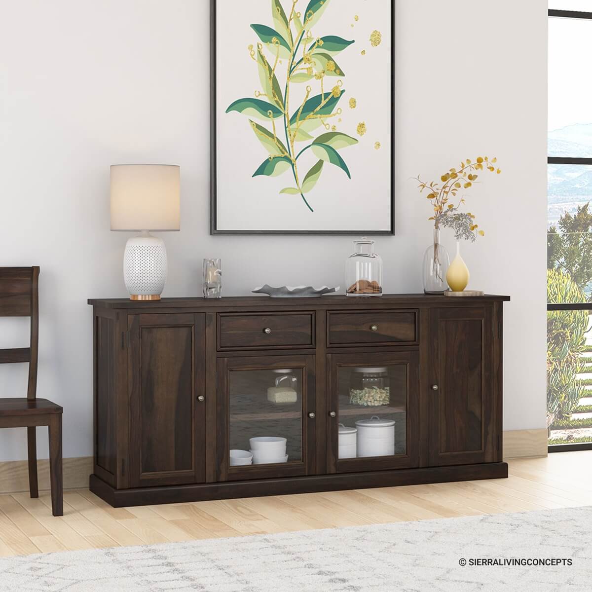 Clanton Rustic Solid Wood Glass Door 2 Drawer Long Buffet Cabinet
