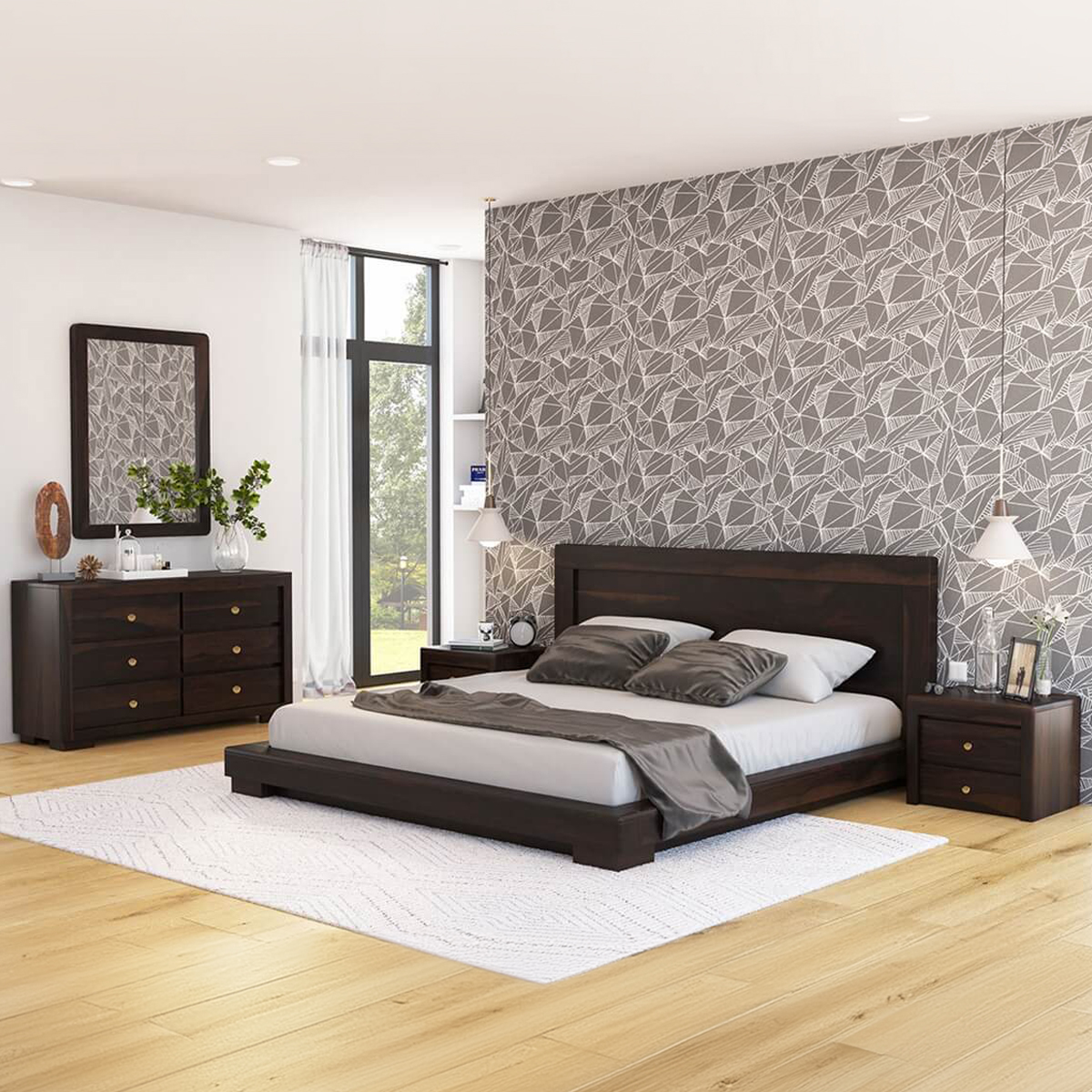 Basildon Modern Farmhouse Solid Wood Low Profile 4 Piece Bedroom Set