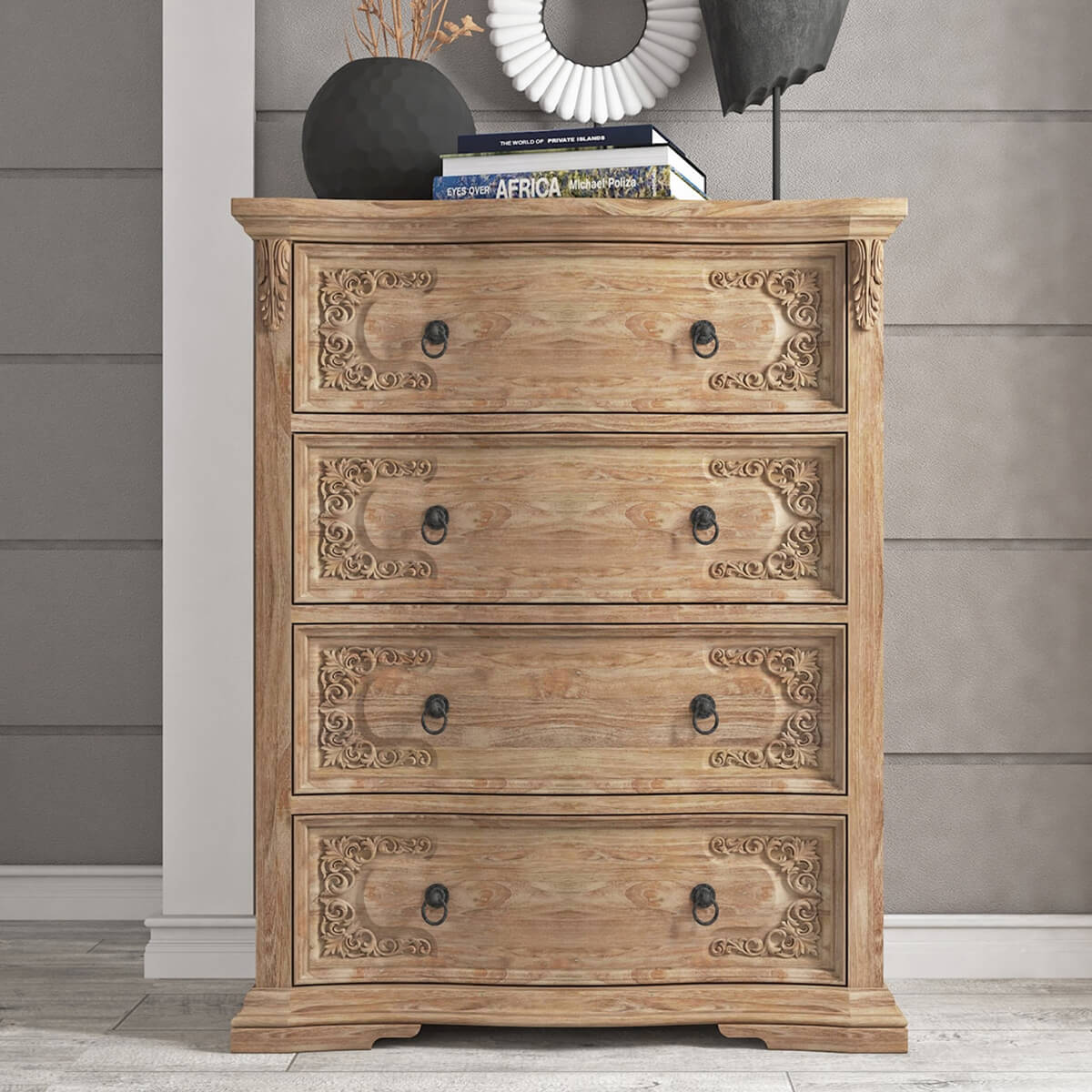 Preston Solid Teak Wood Traditional Rustic 4 Drawer Tall Dresser