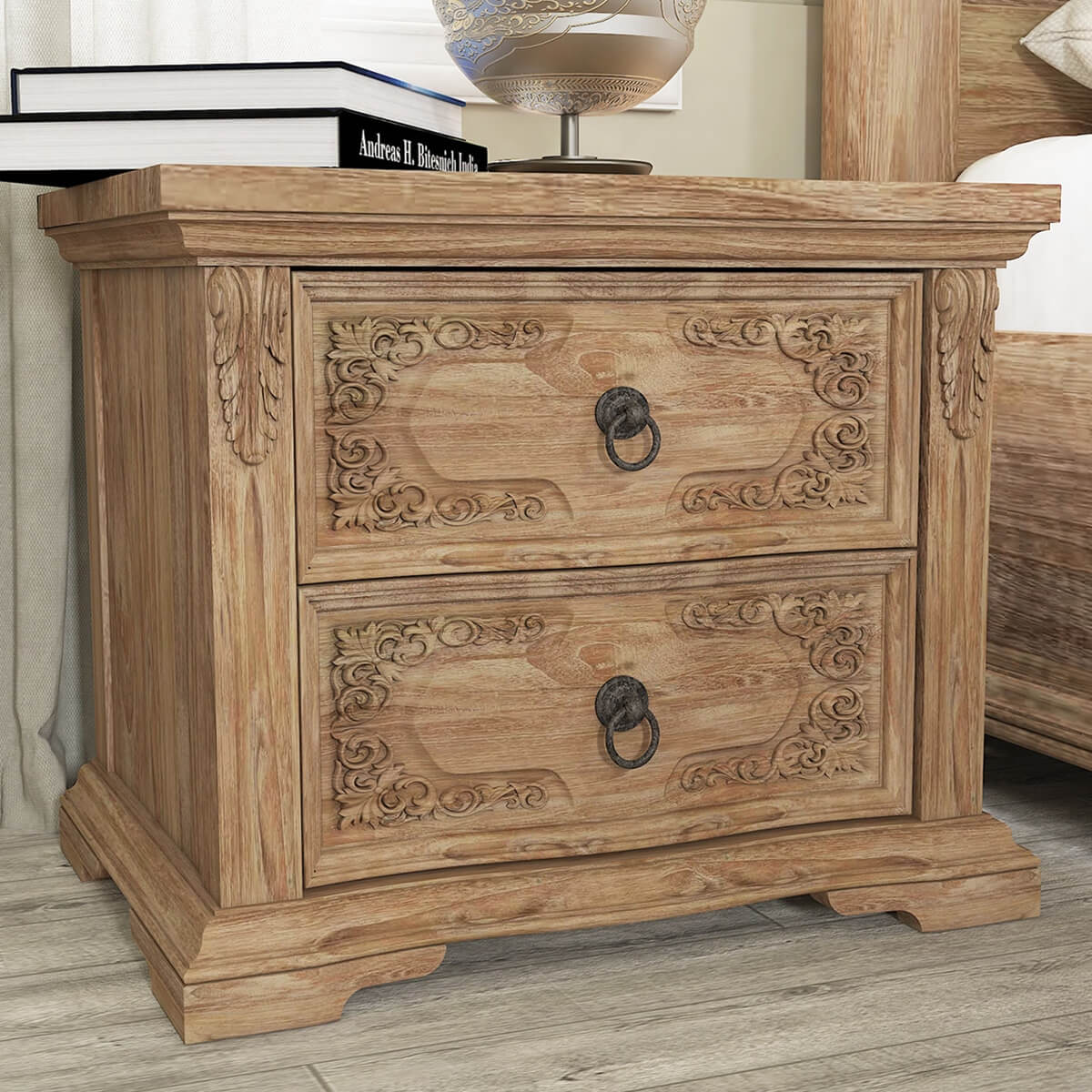 Preston Solid Teak Wood Traditional Rustic 2 Drawer Nightstand