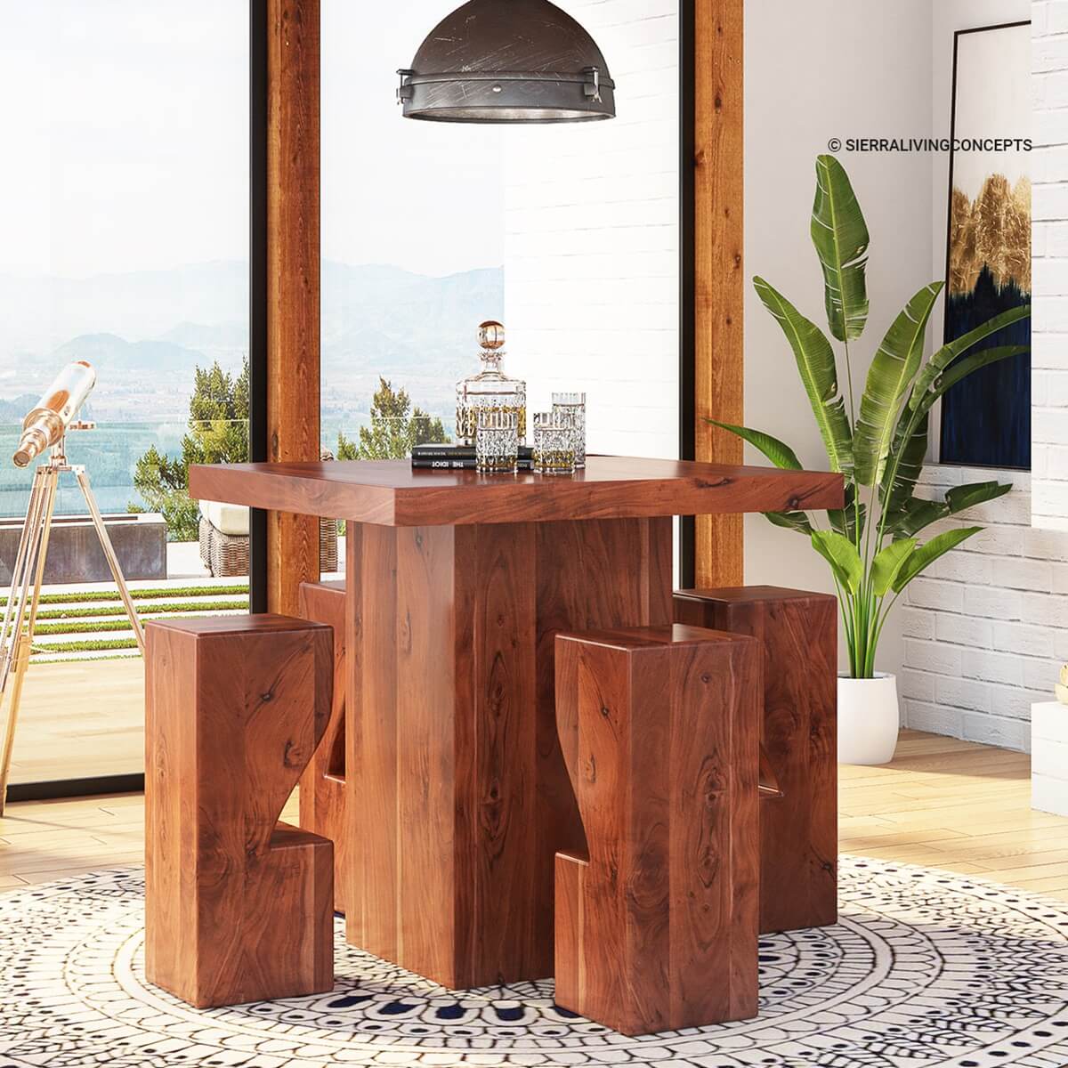 Helena Solid Wood Square Bar Table With Set Of 4 Bar Stools