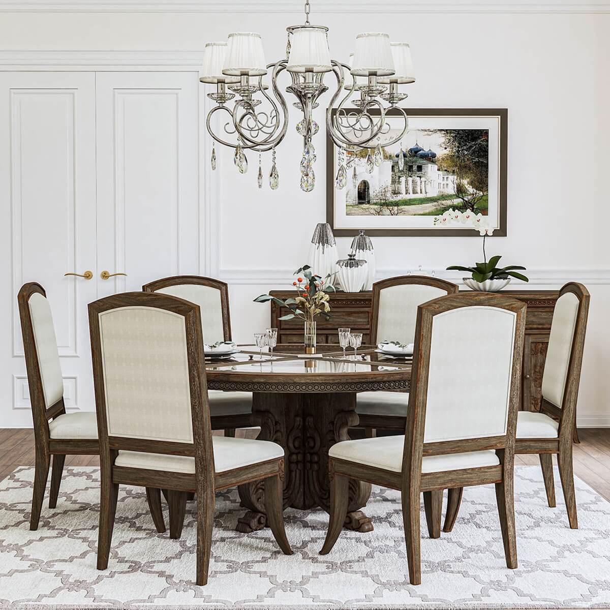 Wiltshire Rustic Teak Wood Handcarved Dining Table Set