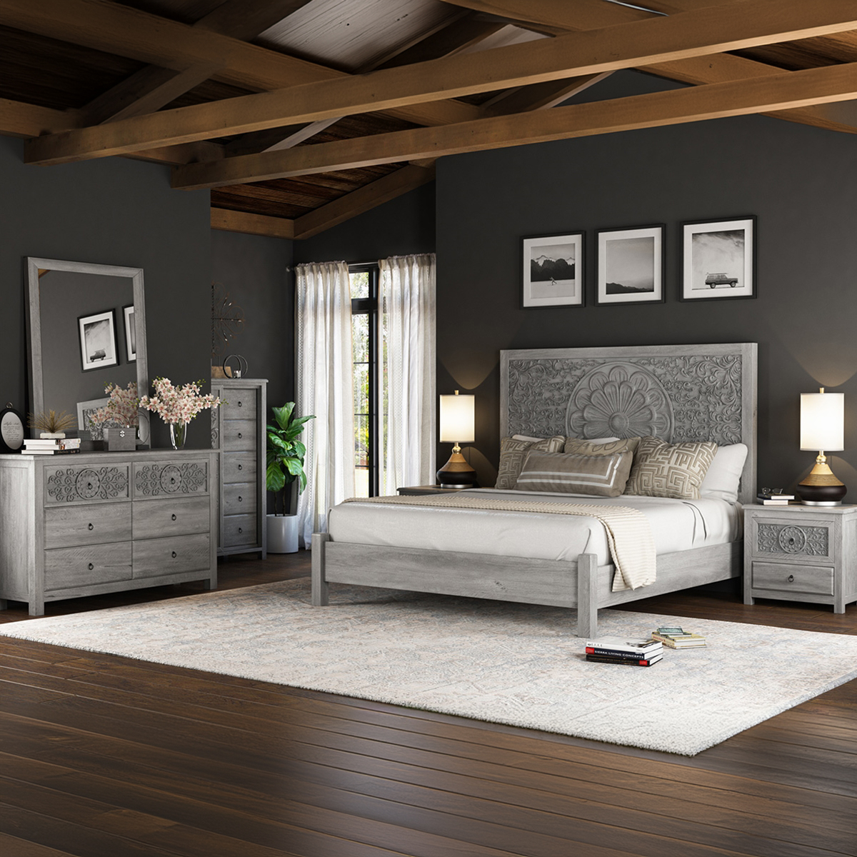 Oxford Solid Mahogany Wood 4 Piece Hand Carved Bedroom Set