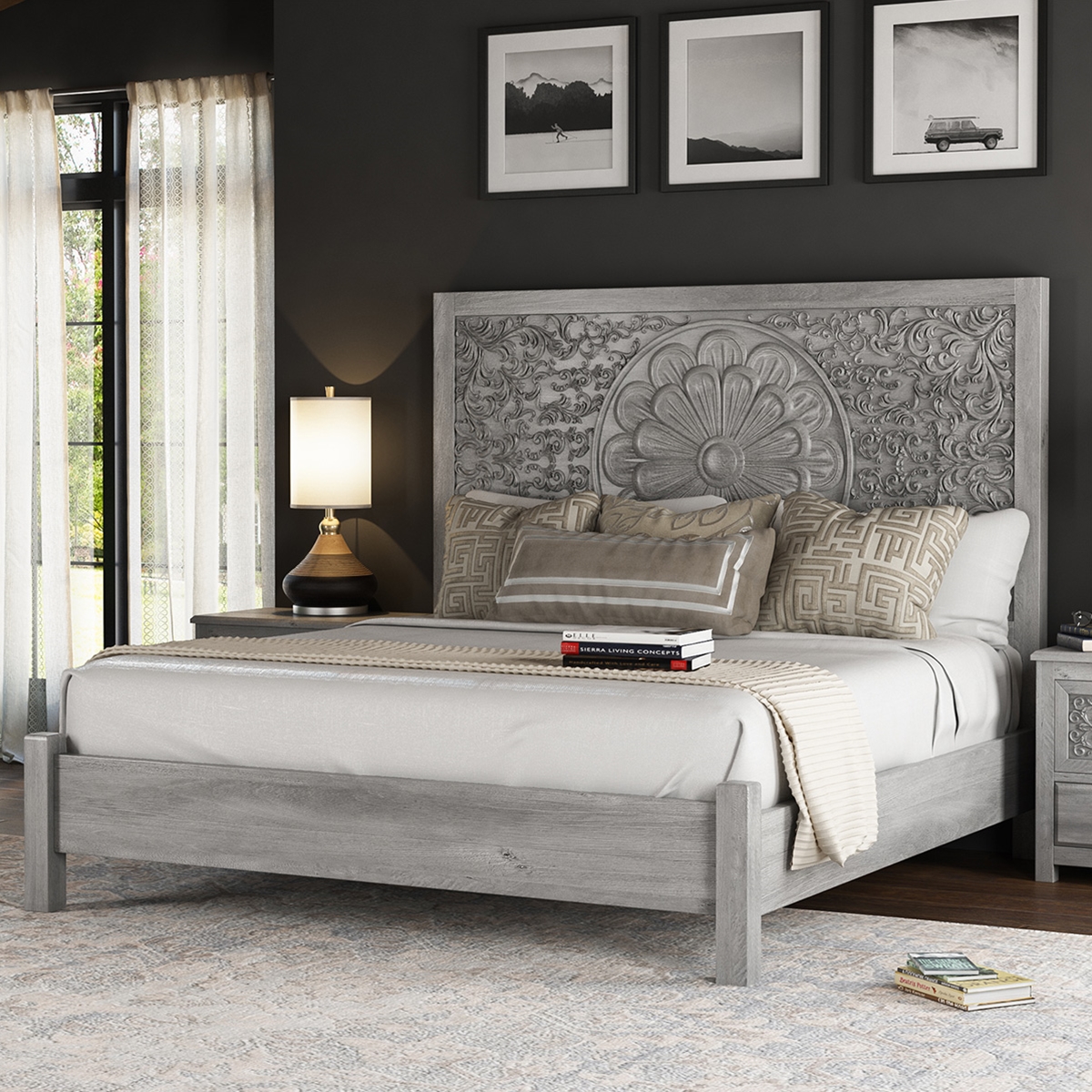 Oxford Mahogany Wood Platform Bed With Hand Carved Headboard