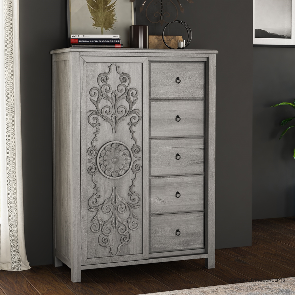 Oxford Mahogany Wood 5 Drawer Tall Dresser