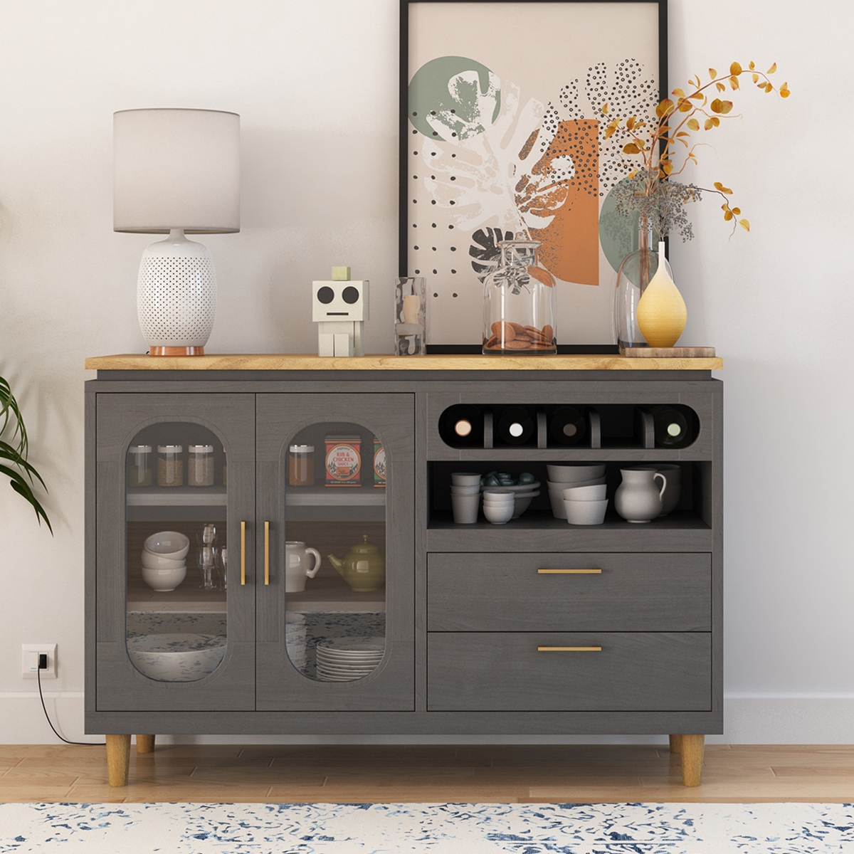 Arcata Two Tone Solid Wood Grey Wine Bar Large Sideboard Cabinet