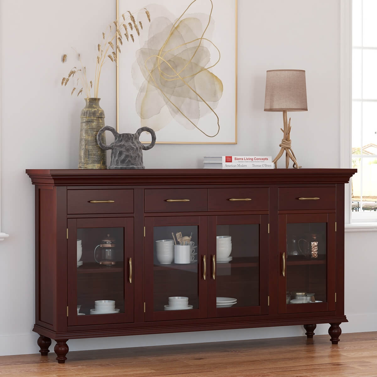 Texas Handcrafted Solid Mahogany Wood Long Buffet Cabinet