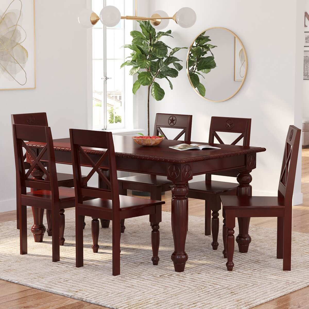 Texas Solid Mahogany Wood 7 Piece Dining Table Set For 6
