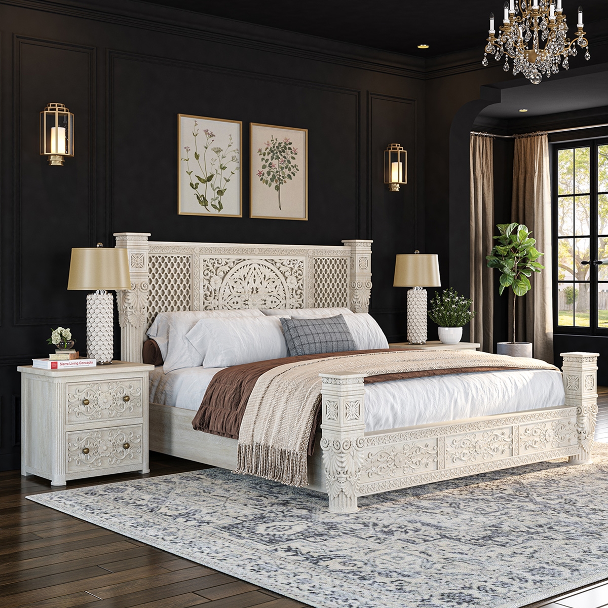Gallatin Rustic Solid Wood Moroccan Designer Platform Bed With Headboard