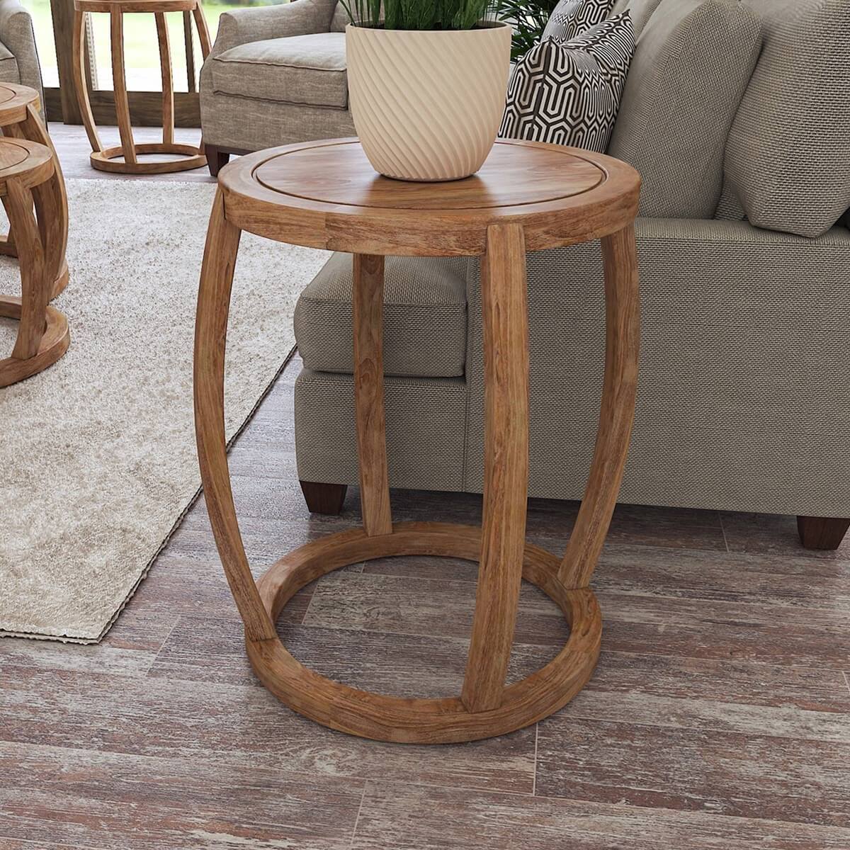 Dubbo Rustic Teak Wood Round Barrel Shape End Table