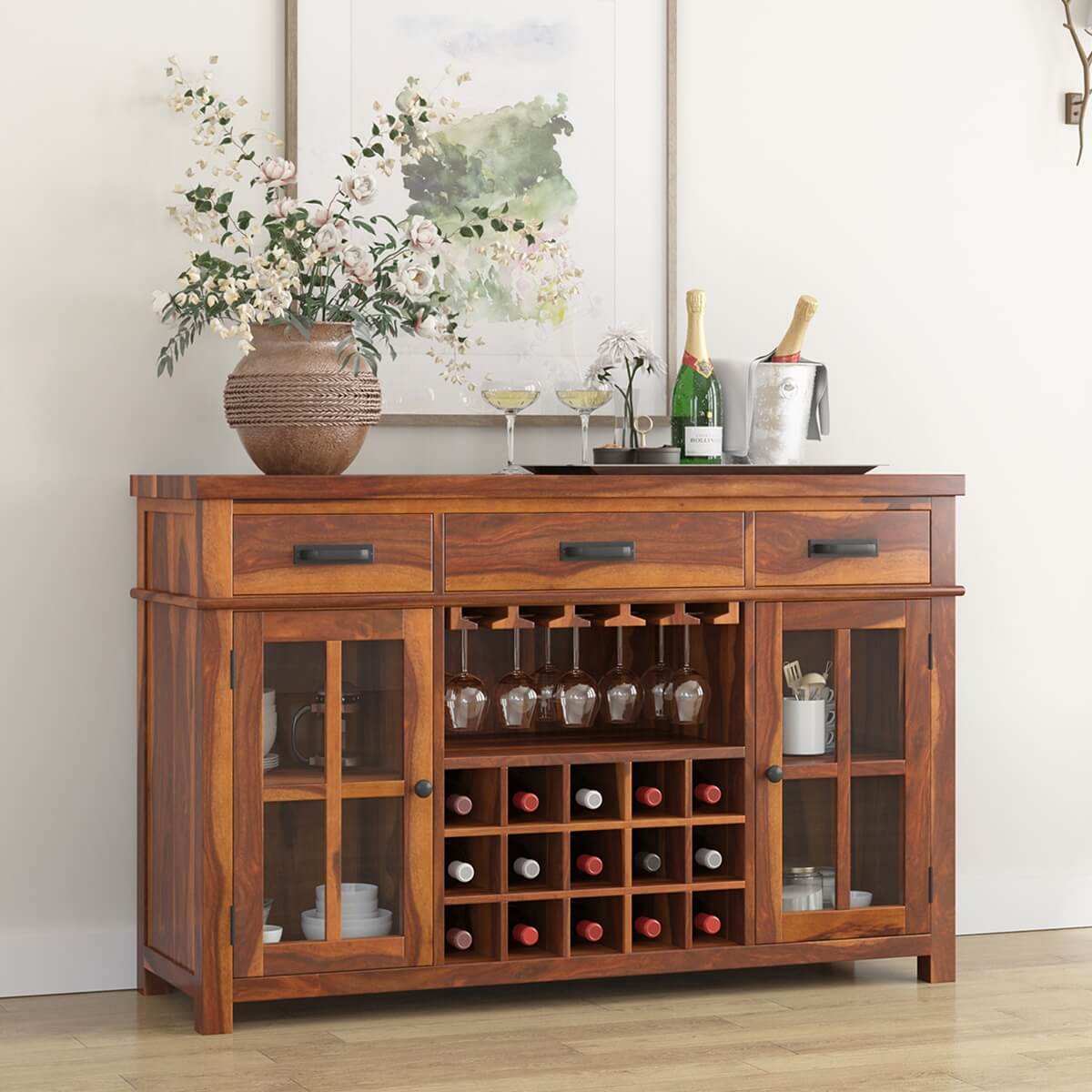 Seward Rustic Solid Wood Wine Bar Buffet Sideboard Cabinet with Drawer