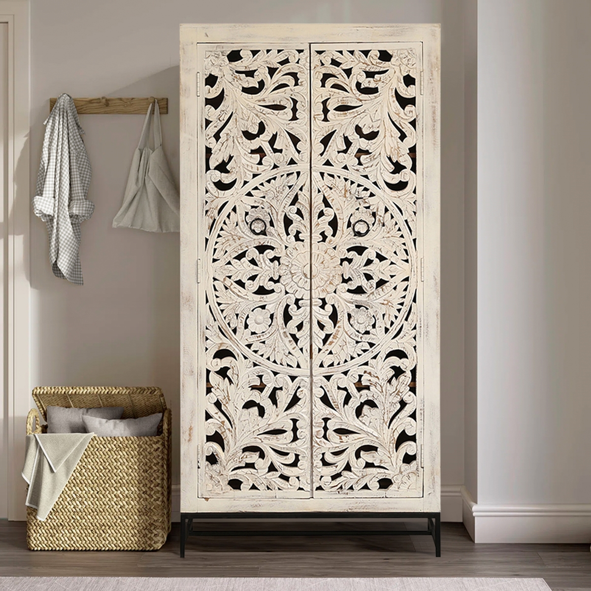 White Solid Wood 4 Tier Handcarved Armoire