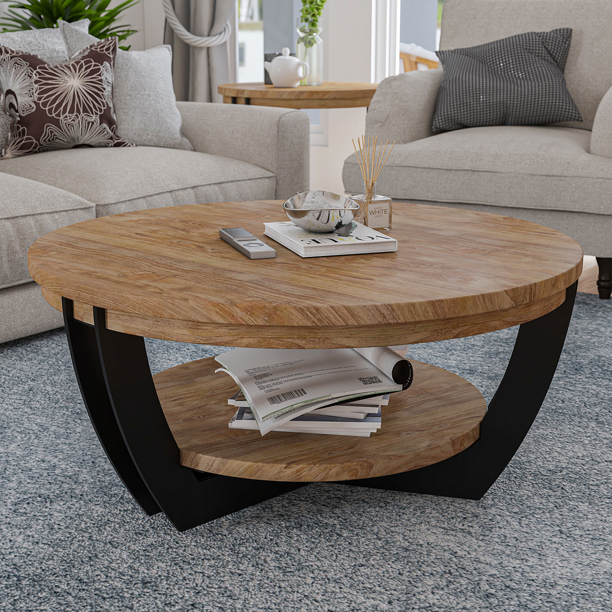 Upland Rustic Handcrafted Teak Wood Iron Round 2 Tier Coffee Table
