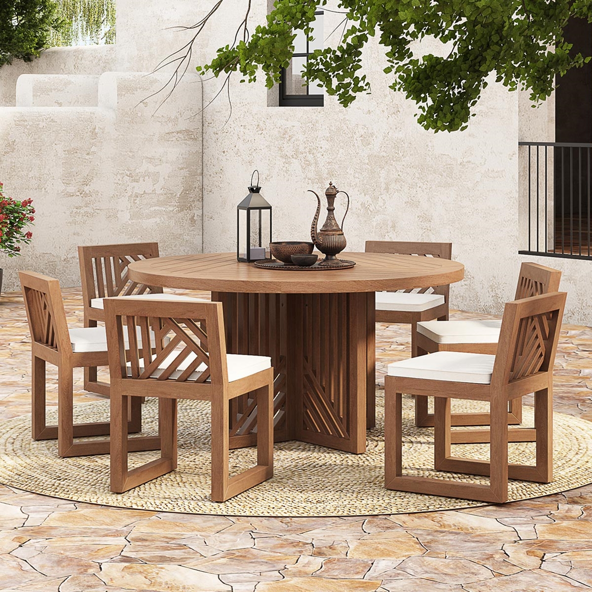 Renfrew Teak Outdoor Round Dining Table with Chair Set