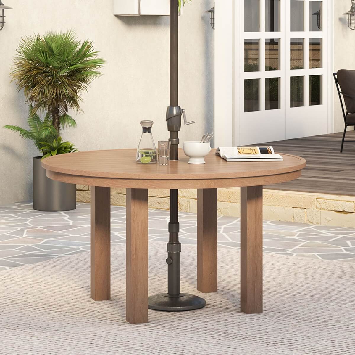 Ravello Teak Modern Outdoor Round Dining Table With Umbrella Hole