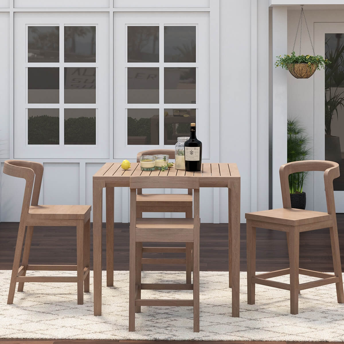 Ravenna Rustic Teak Wood Outdoor Dining Bar Table Chair Set