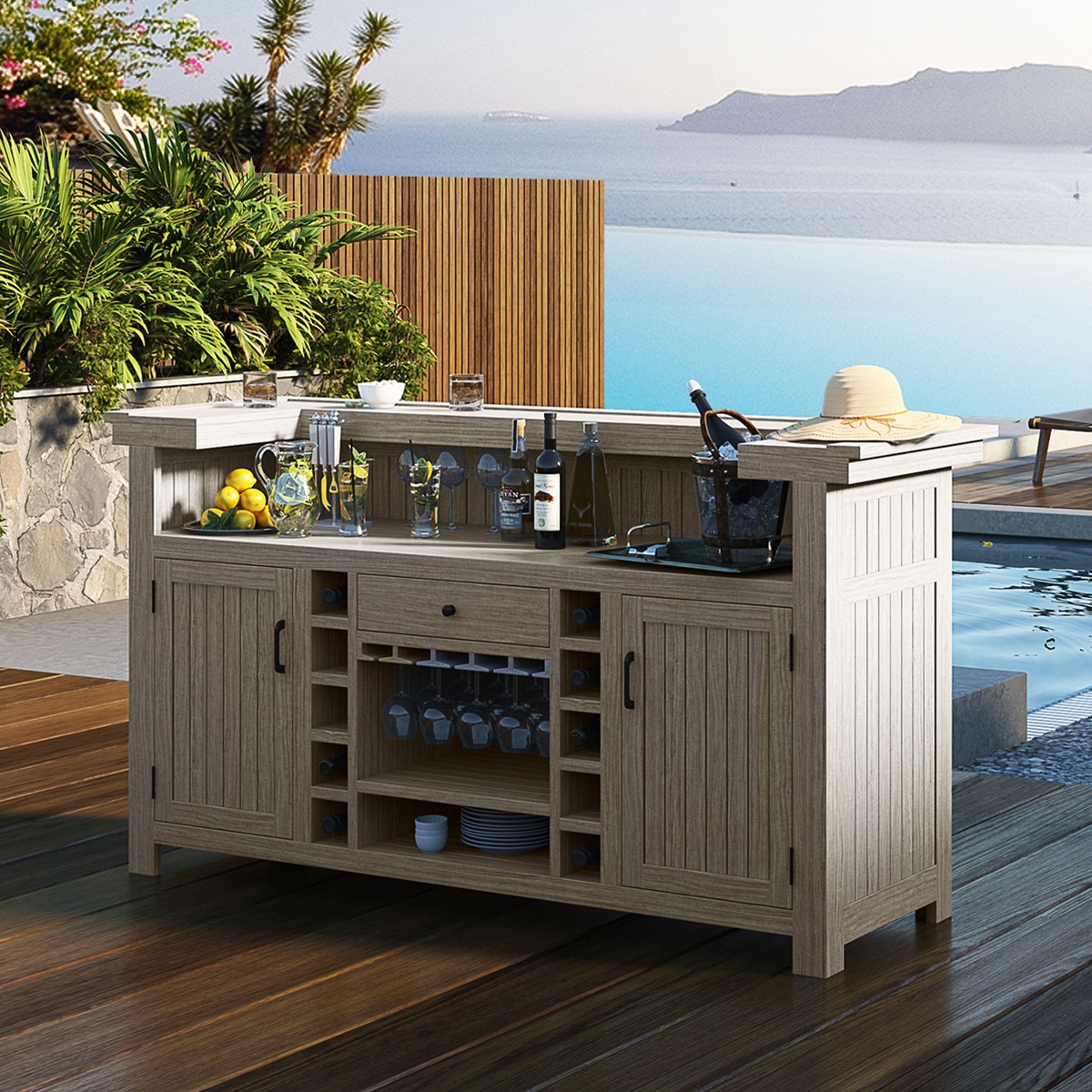Valencia Weathered Solid Wood Outdoor Bar Cabinet with Storage