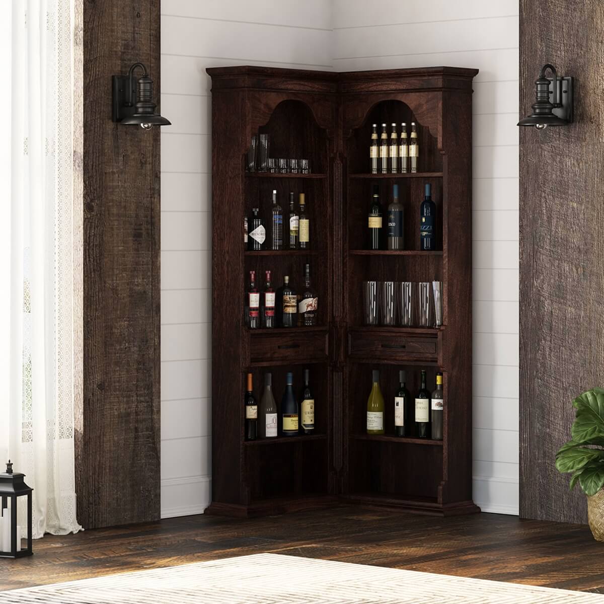 Valentano Rustic Solid Wood 2 Drawer Corner Home Bar Cabinet