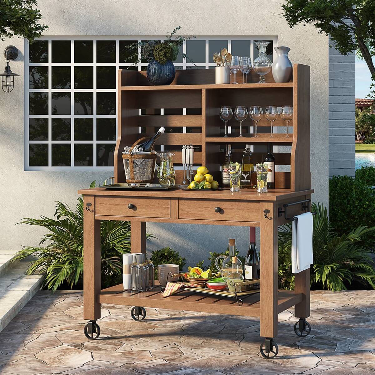 Renfrew Teak Portable Outdoor Bar Cart with Hutch