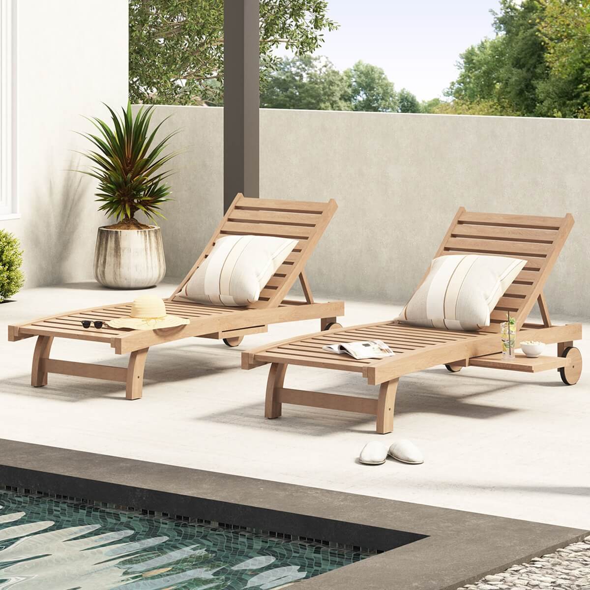 Holtville Rustic Teak Patio Chaise Lounge Chair With Wheels