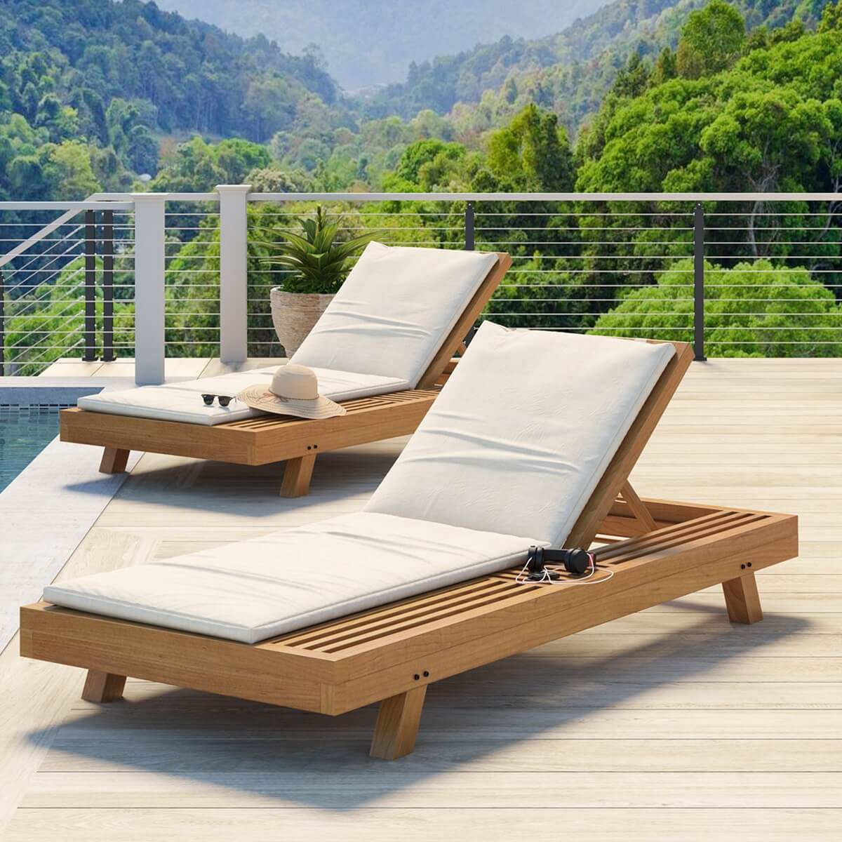 Maui Rustic Teak Wood Outdoor Chaise Lounge Chair with Adjustable Backrest