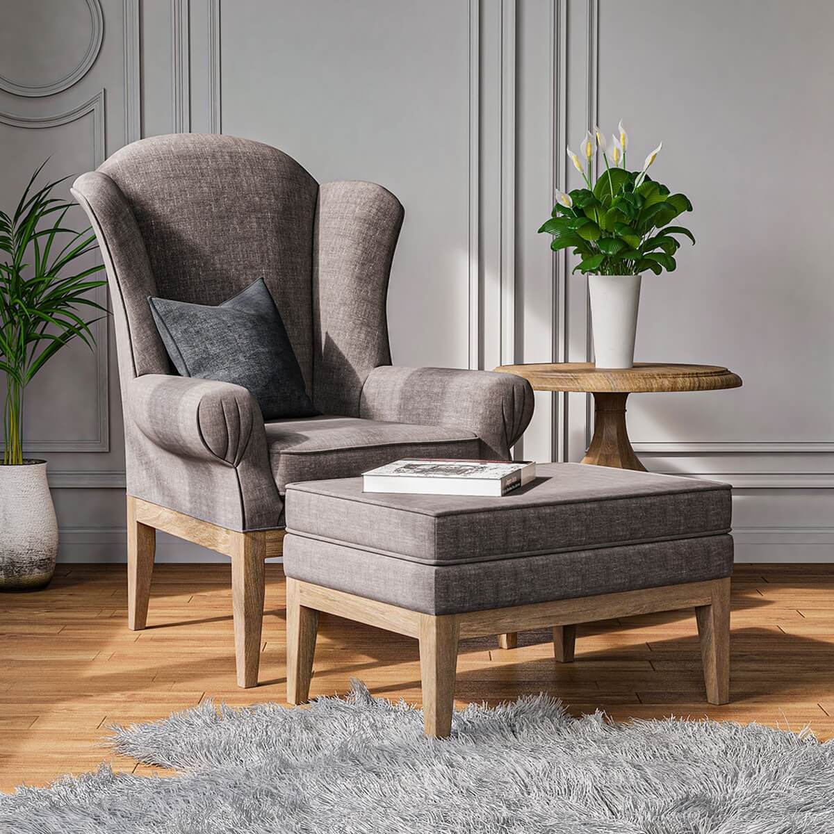 Bouillon Upholstered Wingback Chair with Ottoman Set