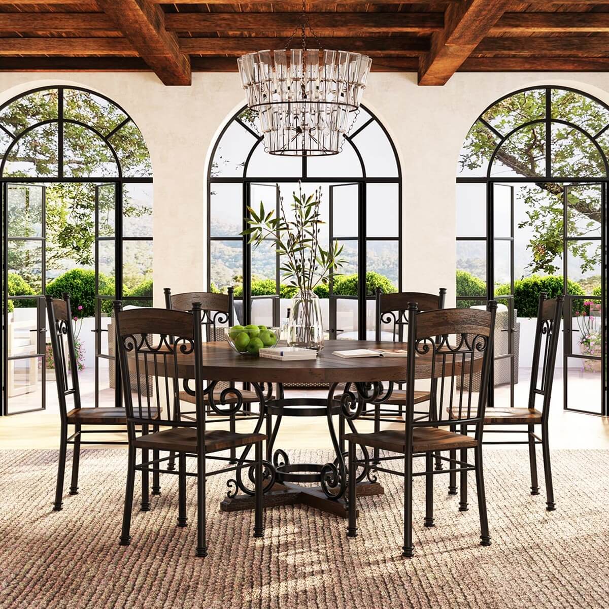 Mansfield 6 Seater Solid Wood & Wrought Iron Round Dining Set
