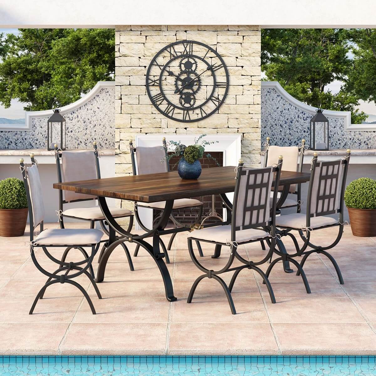 Quimper 6-Seater Solid Wood & Wrought Iron Dining Set