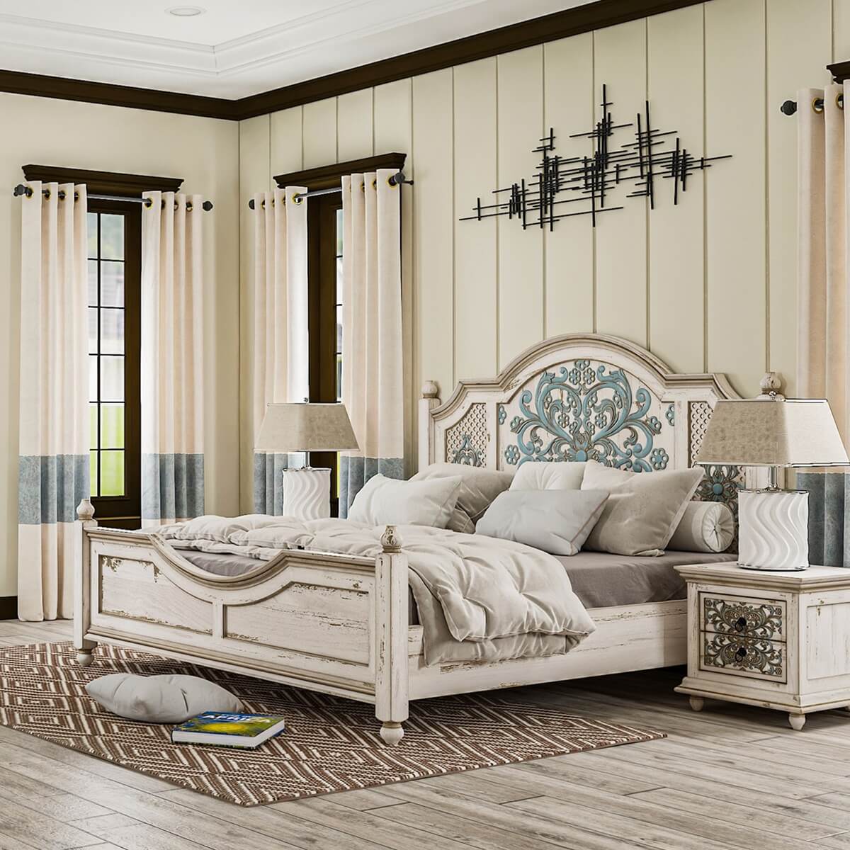 Colmar Coastal Floral Hand Carved Arch Headboard Solid Wood Platform Bed