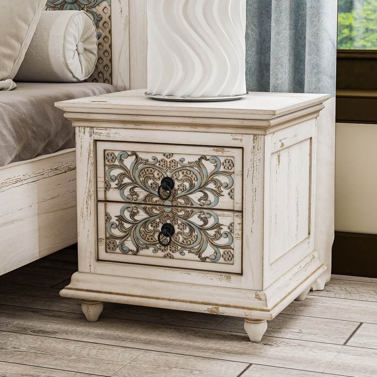 Colmar Solid Mahogany Wood Hand Carved 2 Drawer Nightstand