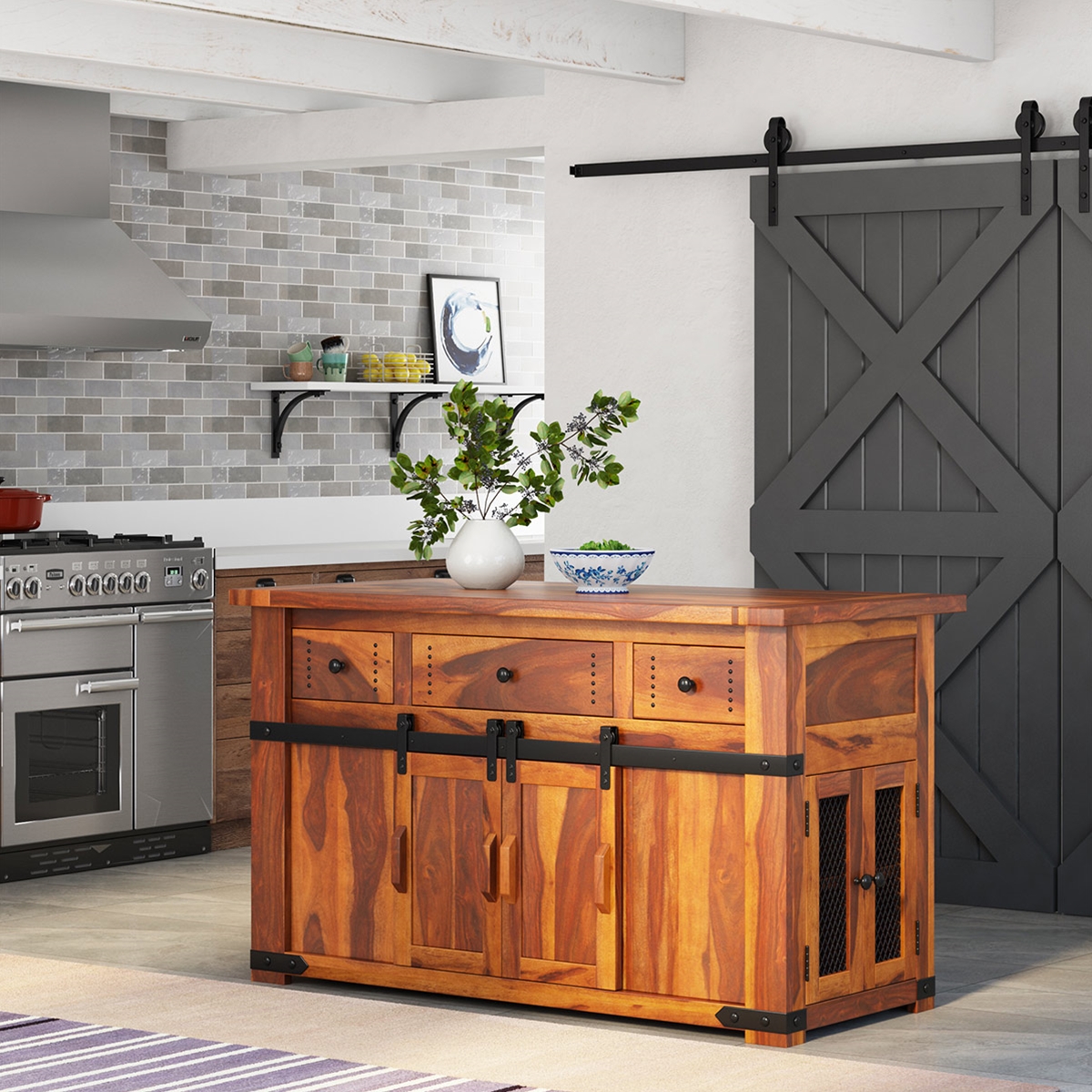 Poultney Rustic Solid Wood Kitchen Island with Slider Door Storage