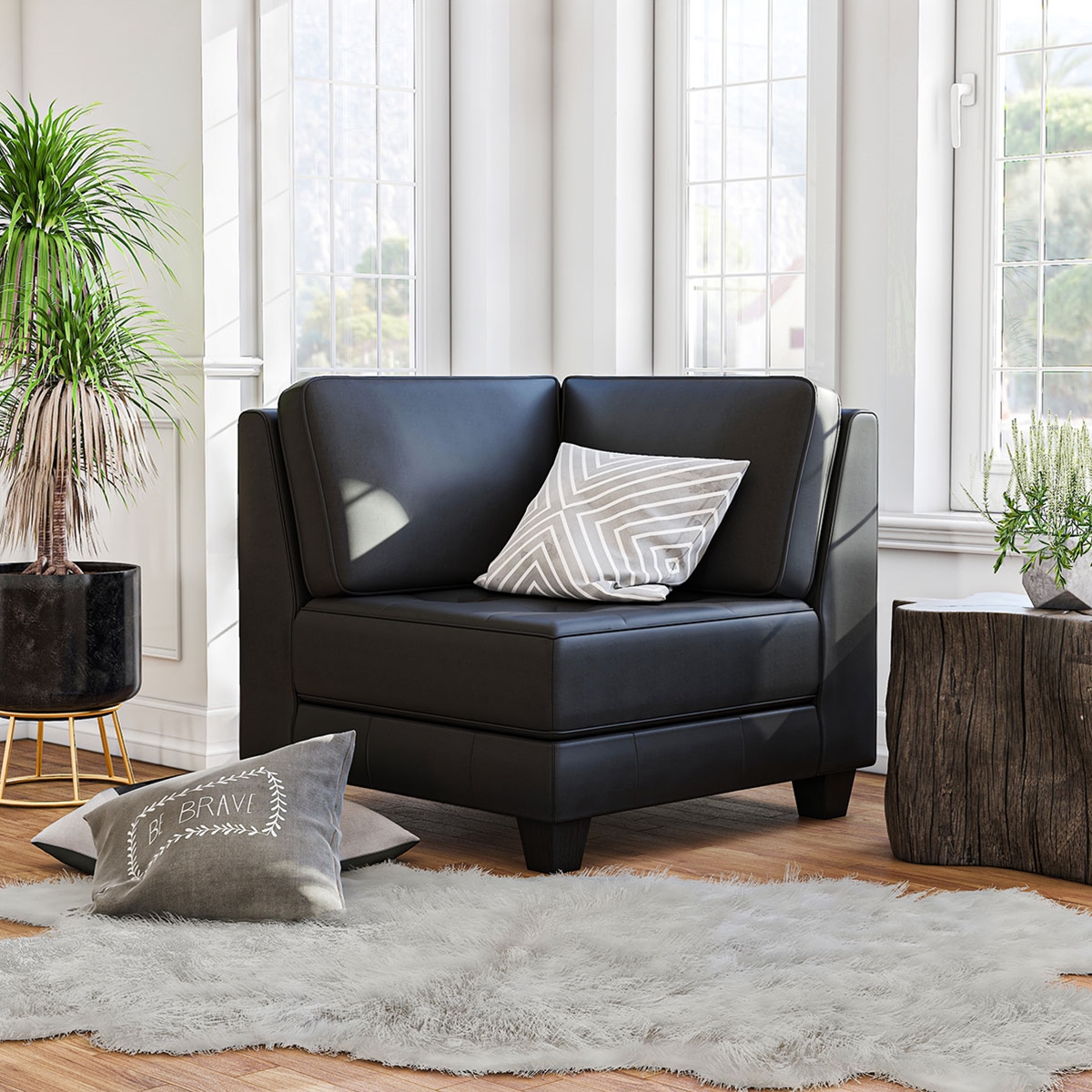 Brownsville Solid Wood Upholstered Black Leather Corner Sofa Chair