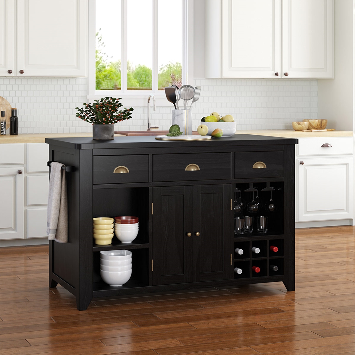 Urbandale Solid Wood Small Kitchen Island with Wine Cabinet