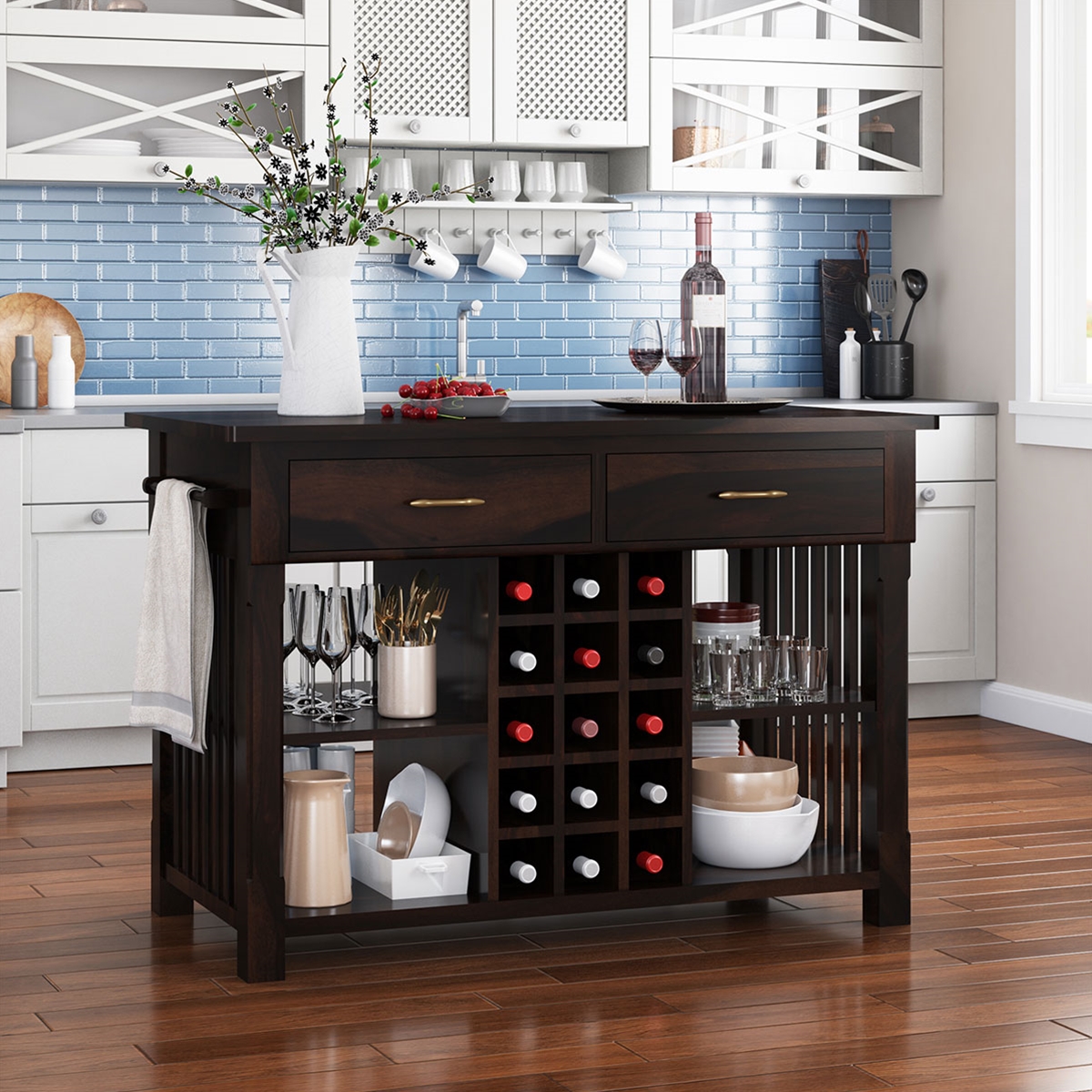 Winterset Solid Wood Small Kitchen Island with Wine Rack